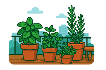 Aromatic herbs like basil and rosemary growing in pots on a city balcony railing