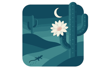 Desert night landscape with blooming saguaro cactus, crescent moon, and small lizard silhouette © icon_art