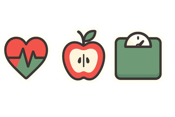 Set of healthy lifestyle icons: heart rate monitor, fresh, and weight scale