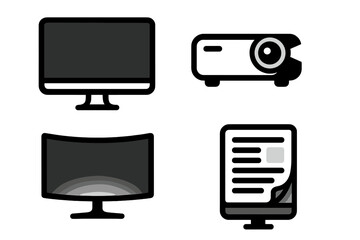 Collection of electronic display devices: flat screen, curved monitor, and projector