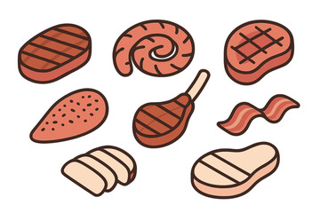 Various raw and cooked meat cuts including steak, sausage, bacon, chicken breast, and poultry