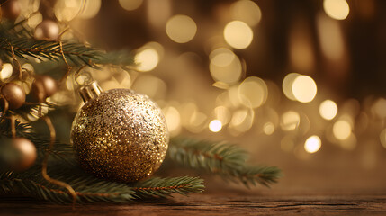 Sparkling gold Christmas bauble on rustic wooden background