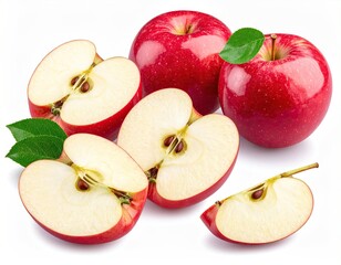 Fresh Red Apples Whole Halved and Sliced on White Background with Natural Lighting and Sharp Focus Displaying Juicy Texture and Vibrant Color for Healthy Eating