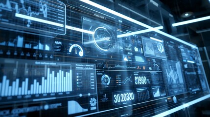 a futuristic data center control panel interface with interactive graphs, charts, and digital displays. Showcasing advanced technology