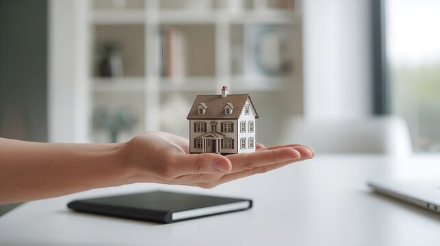 a miniature house carefully held in the palm of a hand, representing property ownership and homeownership concept. The scene conveys a sense of aspiration and investment