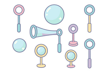Assortment of pastel colored bubble wands and blowing instruments with floating soap spheres