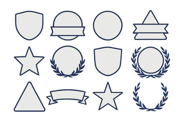 Twelve blank badge shapes including shields, circles, stars, ribbons, and laurel wreaths