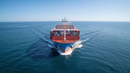 a cargo ship navigating the sea, the ship is filled with containers. The ship moving forward quickly