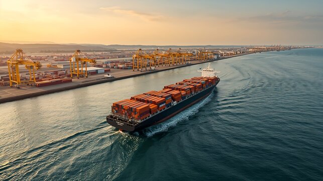 a cargo ship sailing into a busy port. The vessel is loaded with shipping containers, and the port is bustling with activity