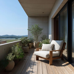 Fototapeta premium Sunlit retreat offers comfortable seating beside lush planters overlooking rolling hills.