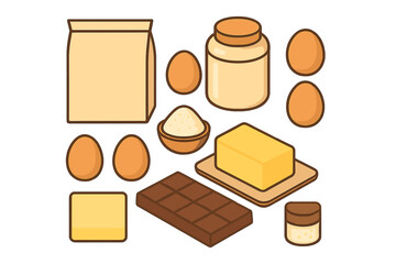 Collection of essential baking ingredients like flour, eggs, butter, and chocolate for cooking recipes