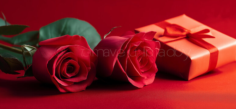 Red roses and a wrapped gift set a romantic scene for Valentine's Day Generative AI