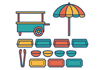 Street food vendor cart and market accessories set with colorful umbrella and serving containers