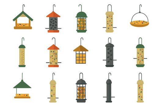 Diverse collection of outdoor hanging bird feeders containing different types of bird food