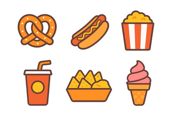 Set of popular concession and fast foods including hot dog, popcorn, pretzel, nachos, soda, and ice cream