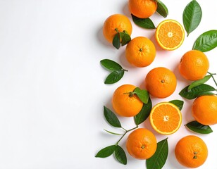 Fresh Oranges with Green Leaves on White Background Overhead Flatlay with Water Droplets and Copy Space Top View High Angle Studio Shot