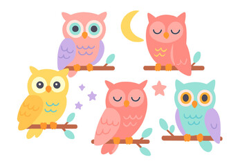 Five cute colorful cartoon owls sitting on tree branches with stars and moon