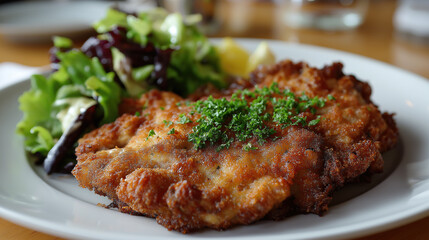 Golden crispy breaded schnitzel served with fresh green salad garnish.