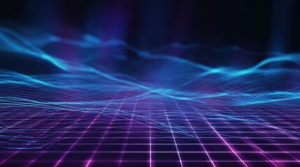 Neon glow light lines background in cyan blue and purple on perspective floor, ideal for cyberpunk, virtual reality, and hi-tech themes.