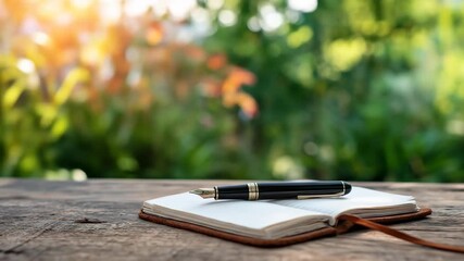 Open notebook and fountain pen on rustic wood table in outdoor sunlight - Powered by Adobe