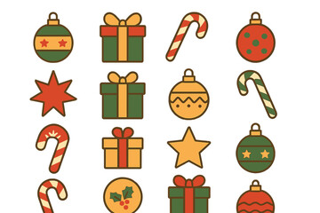 Retro Christmas holiday icons set featuring ornaments, gift boxes, candy canes, and stars