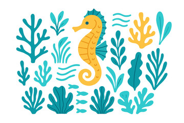 Cute yellow seahorse surrounded by colorful underwater marine plants and small fish