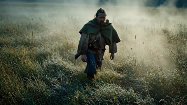 A lone warrior emerges from the thick mist of a tranquil grassland at dawn. Clad in rugged attire, he gathers strength and determination for the journey ahead, stepping boldly into the unknown.