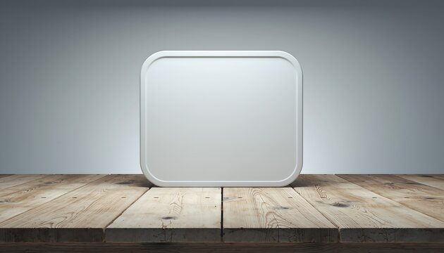 3D render of a small blank display board on a wooden table, isolated on white background, creating a clean, minimal, and versatile product presentation.