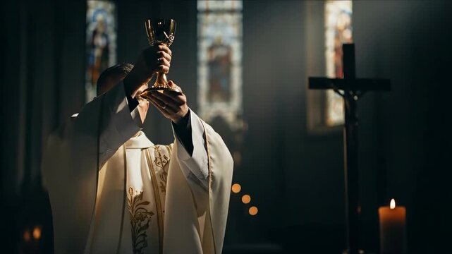 Priest man performing service with chalice in deep church. Worship and holy communion in dark cathedral scene.