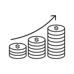 Illustration of growing stacks of coins with an upward trending arrow