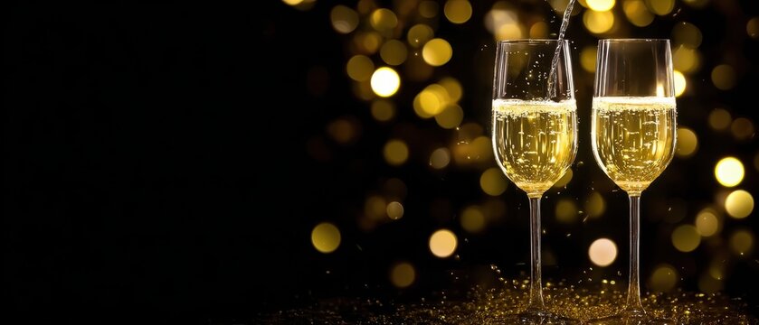 Champagne celebration background with gold bokeh, ideal for festive cheers, invitations, and party promotions.