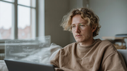 Thoughtful young man gazes contemplatively near window wearing casual beige knitted sweater.