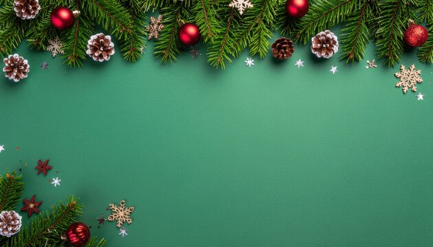 Festive christmas decoration elements holiday atmosphere visual content natural green background bird's eye view seasonal celebration concept