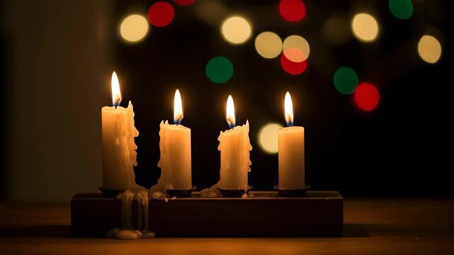 Video of burning candles on a wooden holder with bokeh lights changing in background for Christmas or holiday celebration