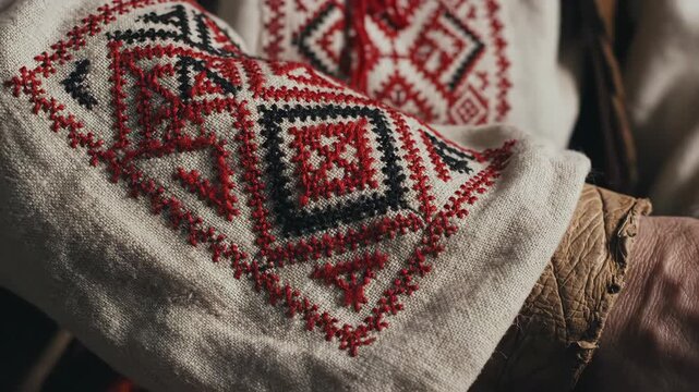A skilled artisan delicately works on intricate Ukrainian embroidery. The colorful patterns stand out against a soft fabric background, highlighting rich cultural heritage.