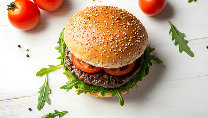 Big sandwich - hamburger burger with beef,  tomato, basil cheese and arugula. Top view. Flat lay
