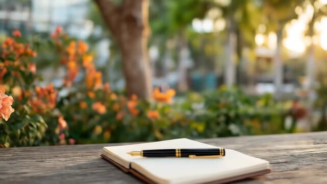 Notebook and pen on wood table with flower and sunlit background
