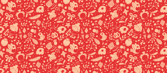 Seamless pattern with Christmas elements on a red background. Winter pattern with bullfinches