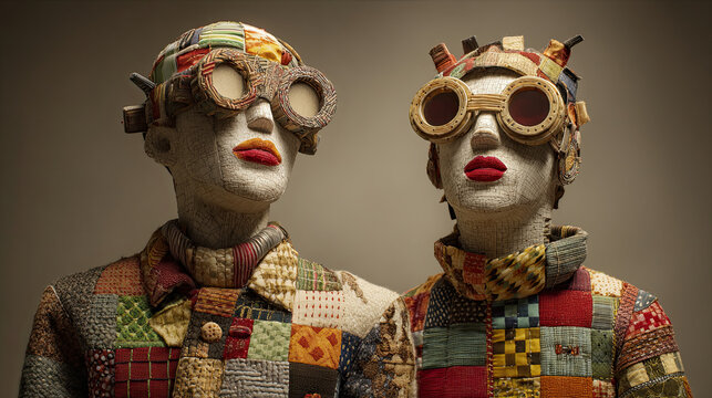 A surreal portrait of two characters in the style of artisanal stop-motion animation. Dadaist, disturbing, retro-futuristic aesthetic.