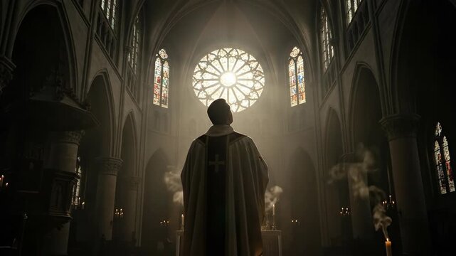 Priest in a church looking at a circular stained glass window. Religious man in Roman Catholic church during Christian mass.