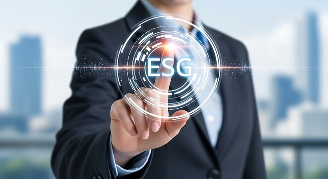 Businessman touching a futuristic glowing circle with the letters esg representing environmental, social, and governance principles