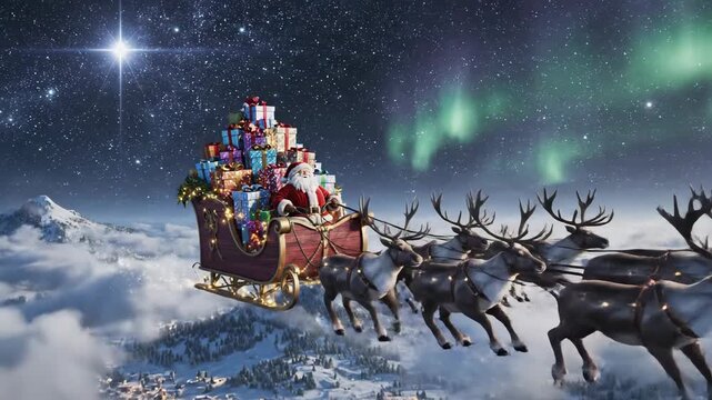 Santa Claus and his reindeer delivering gifts through a magical starry night sky, spreading holiday cheer and wonder.