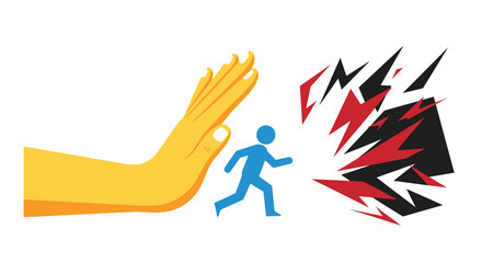 A hand stopping a person from running toward an explosion graphic