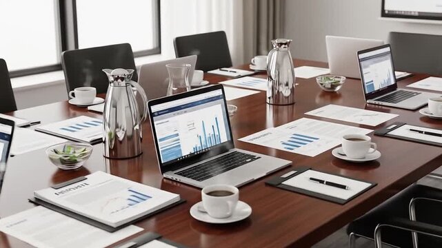 Conference room setup with laptops, financial documents, and coffee for a productive business