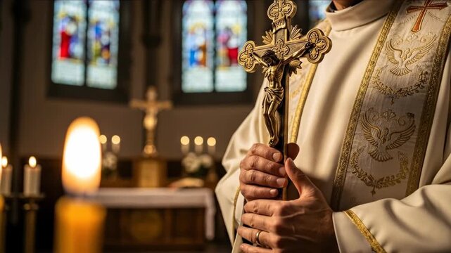 Priest man holding gold crucifix during religious service in church with stained glass and candles