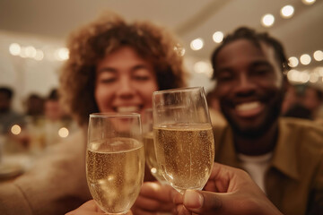 Joyful couple toasting with champagne glasses during festive celebration evening.