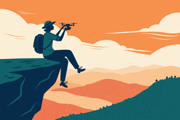 Lone adventurer on a dramatic cliff overlooking a vast, breathtaking vista, capturing the moment with a high-tech camera, embodying freedom and exploration.