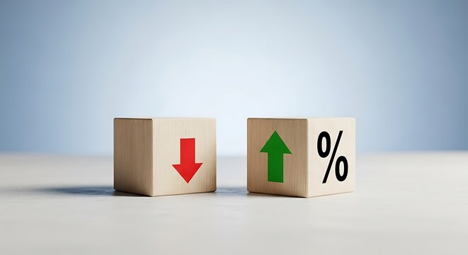 Two wooden cubes with red down arrow and green up arrow with percentage symbol on a light blue background