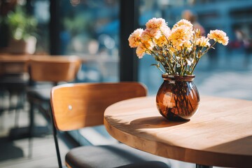 Cozy cafe interior featuring a wooden table adorned with a charming vase of yellow flowers, creating a warm and inviting atmosphere for relaxation and enjoyment.