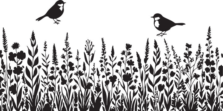 Black and white bird and wildflower silhouette vector illustration eps